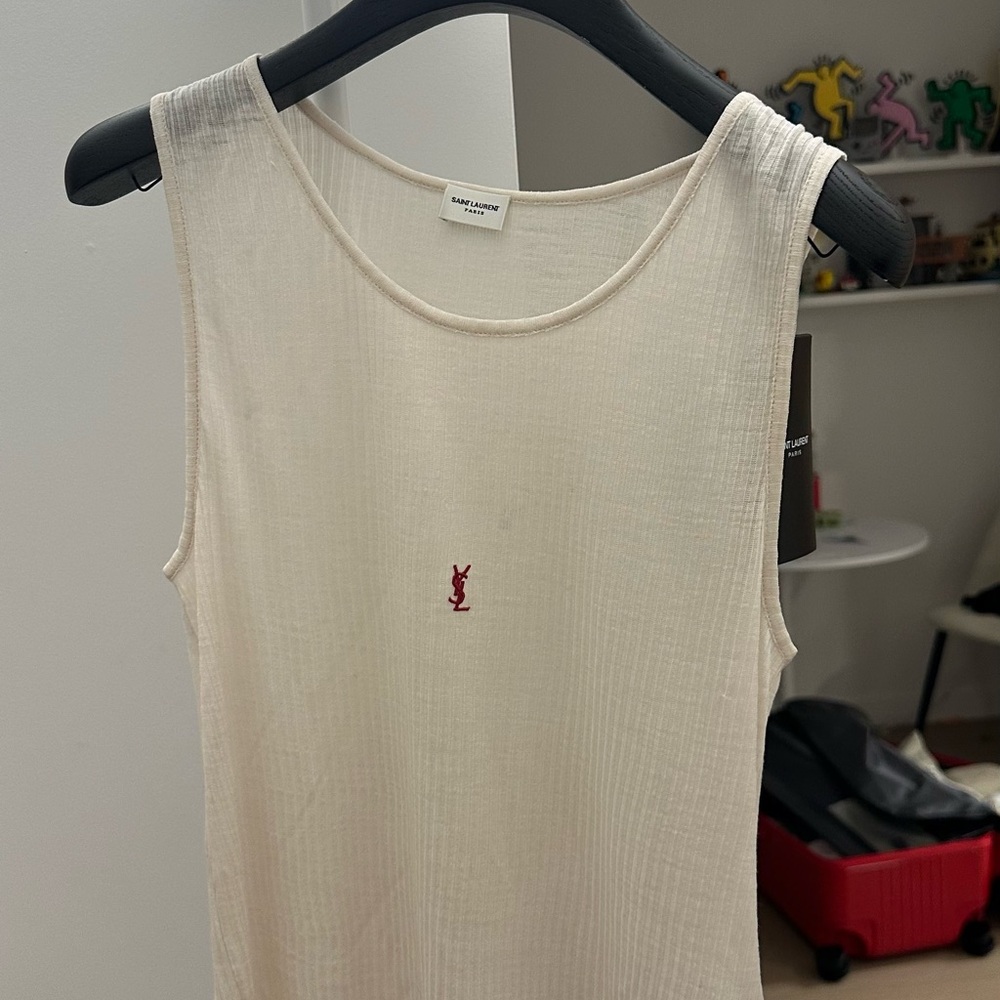 Yves Saint Laurent Cream Ribbed Tank with Red YSL Motif